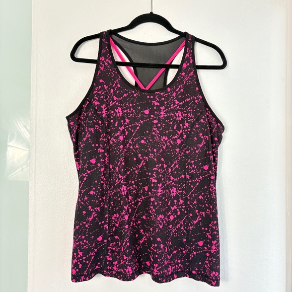 Danskin Now Tank Top Shelf Bra Splatter Print Black Pink Racerback XL Dri-More - Picture 2 of 7